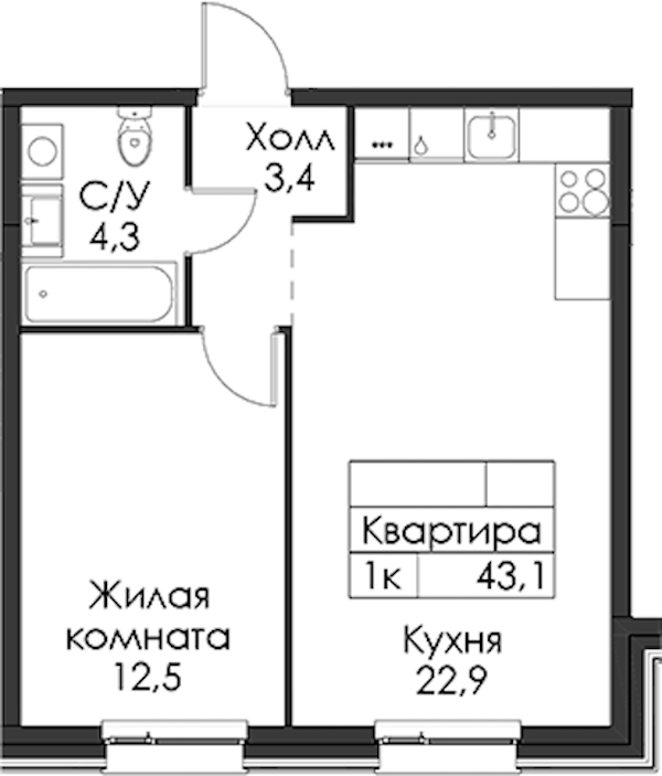 1-комнатная квартира 43.1 м², 8/12 эт., ЖК «Шкиперский 19»